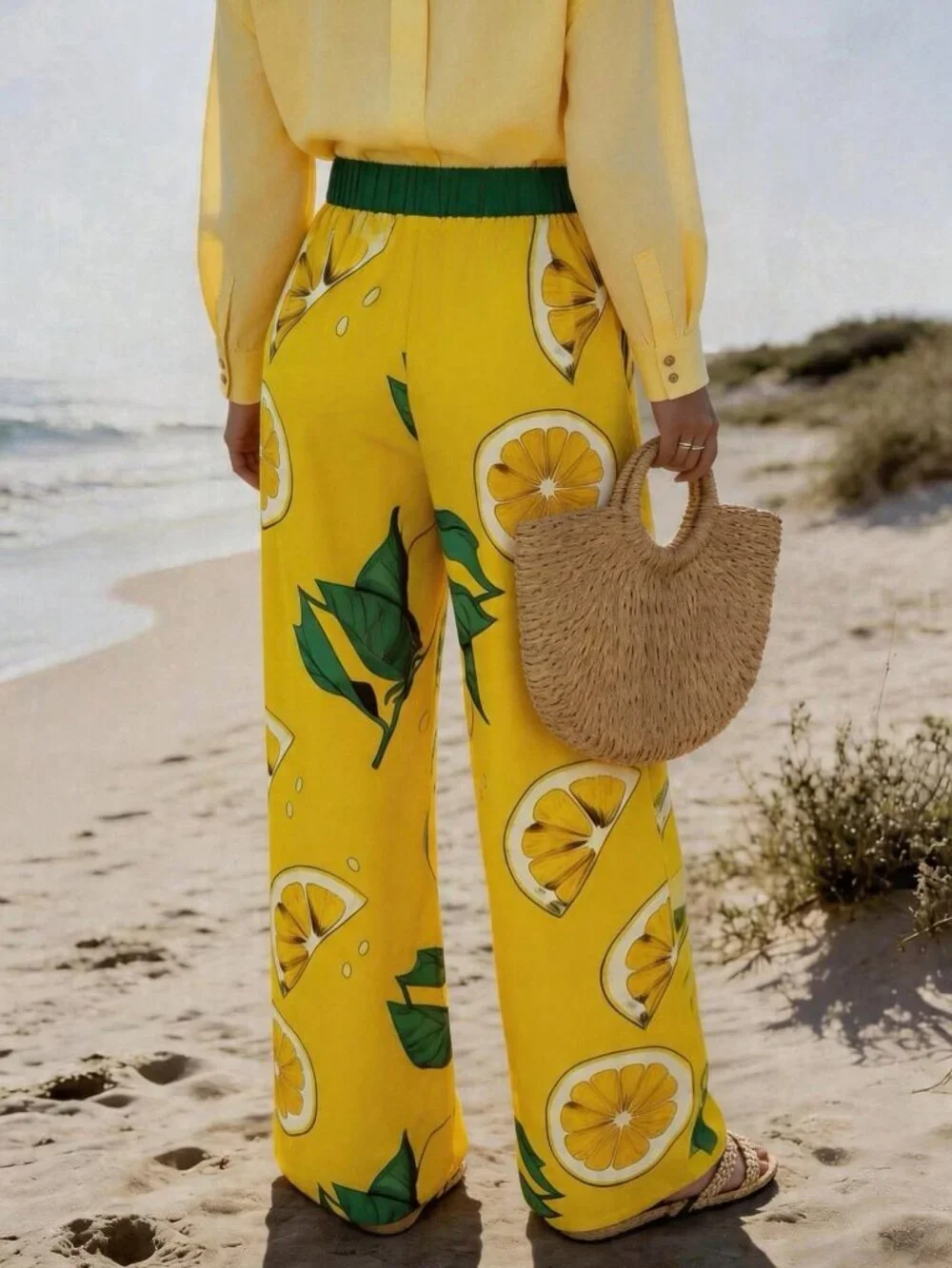 Yellow Casual Women's Lemon Print Pants